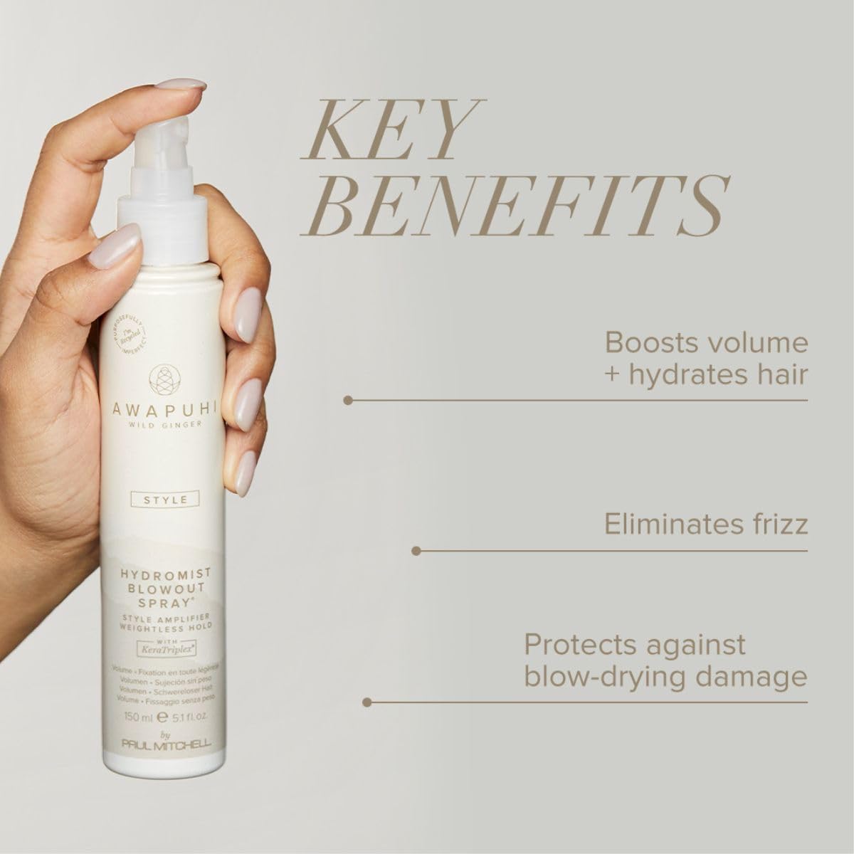 HydroMist bottle pour demonstrates even spray for volume and lift.