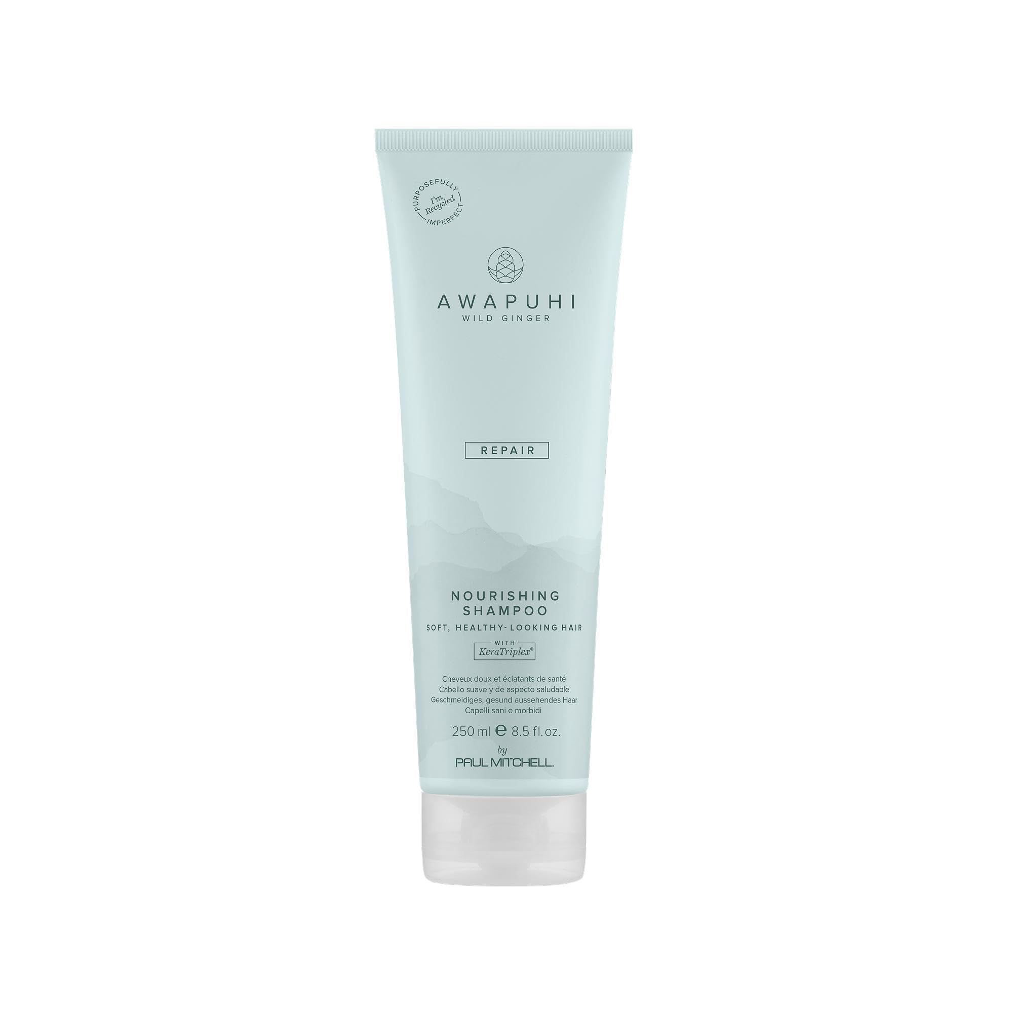 Awapuhi Wild Ginger Nourishing Shampoo bottle shows color-safe formula for daily use