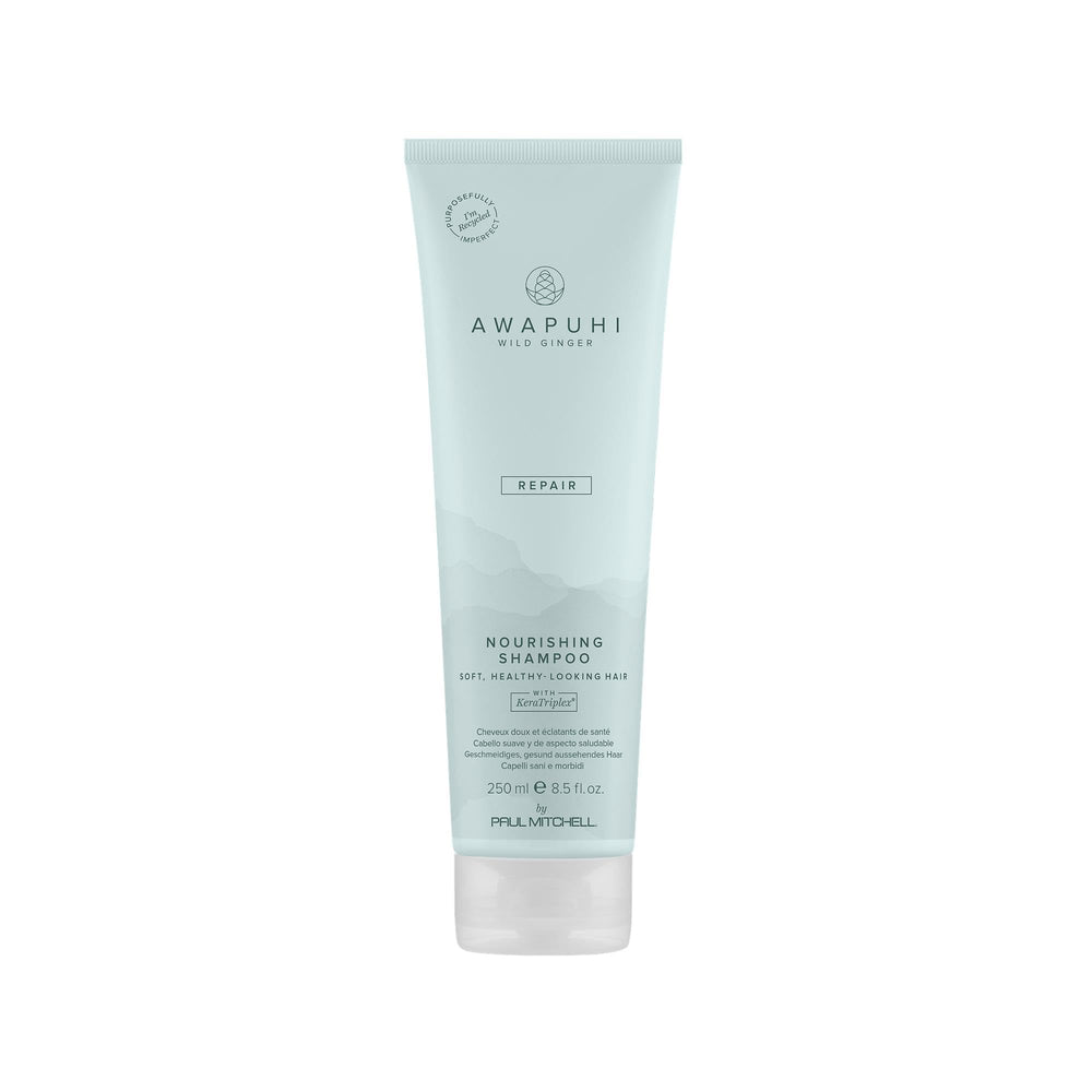 Awapuhi Wild Ginger Nourishing Shampoo bottle shows color-safe formula for daily use