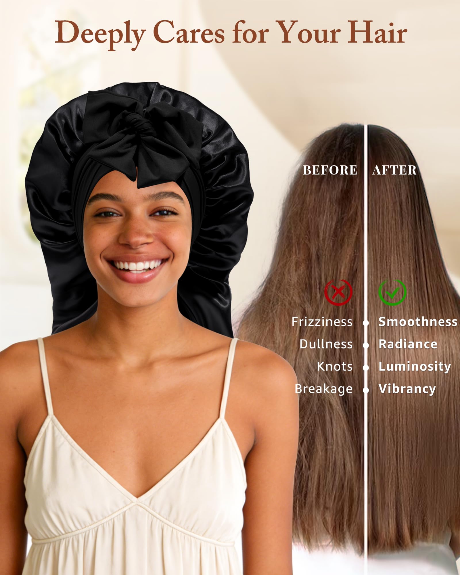 AWAYTR black satin bonnet offers comfortable wear for all-night coverage.