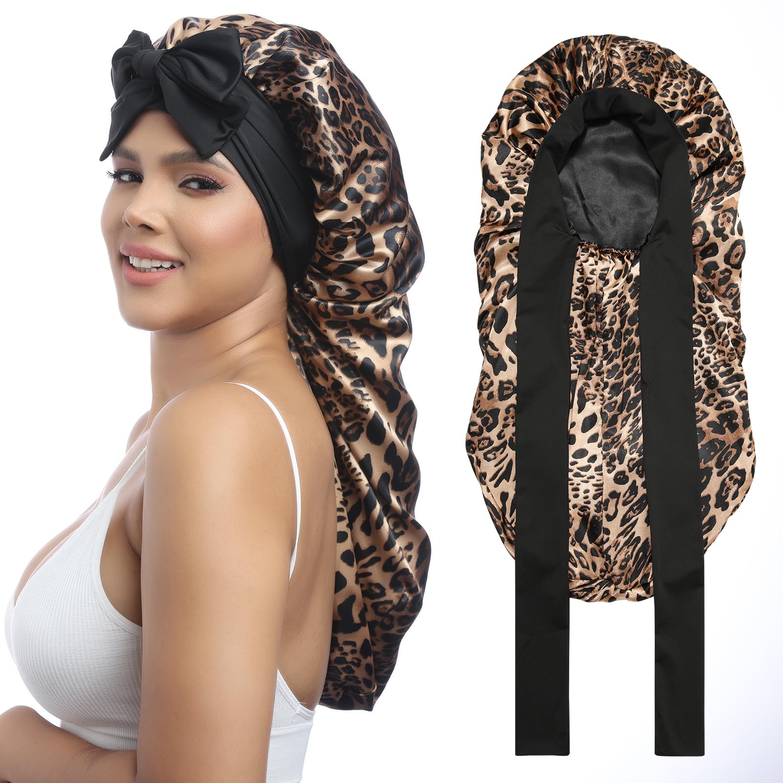 AWAYTR bonete de satén largo para mujer, vista frontal, protege el cabello al dormir
