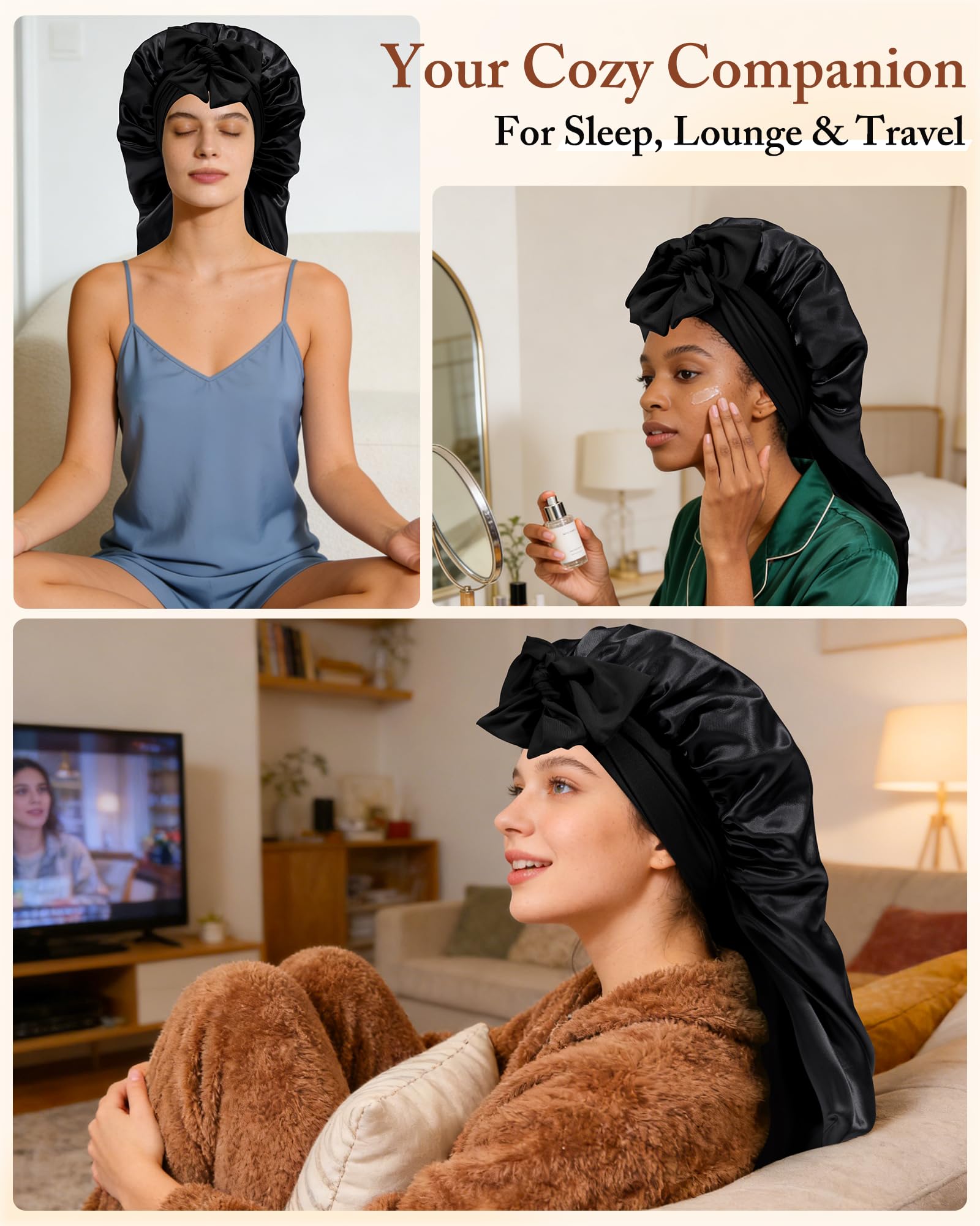 AWAYTR satin bonnet for braids and curls minimizes tangles and frizz.