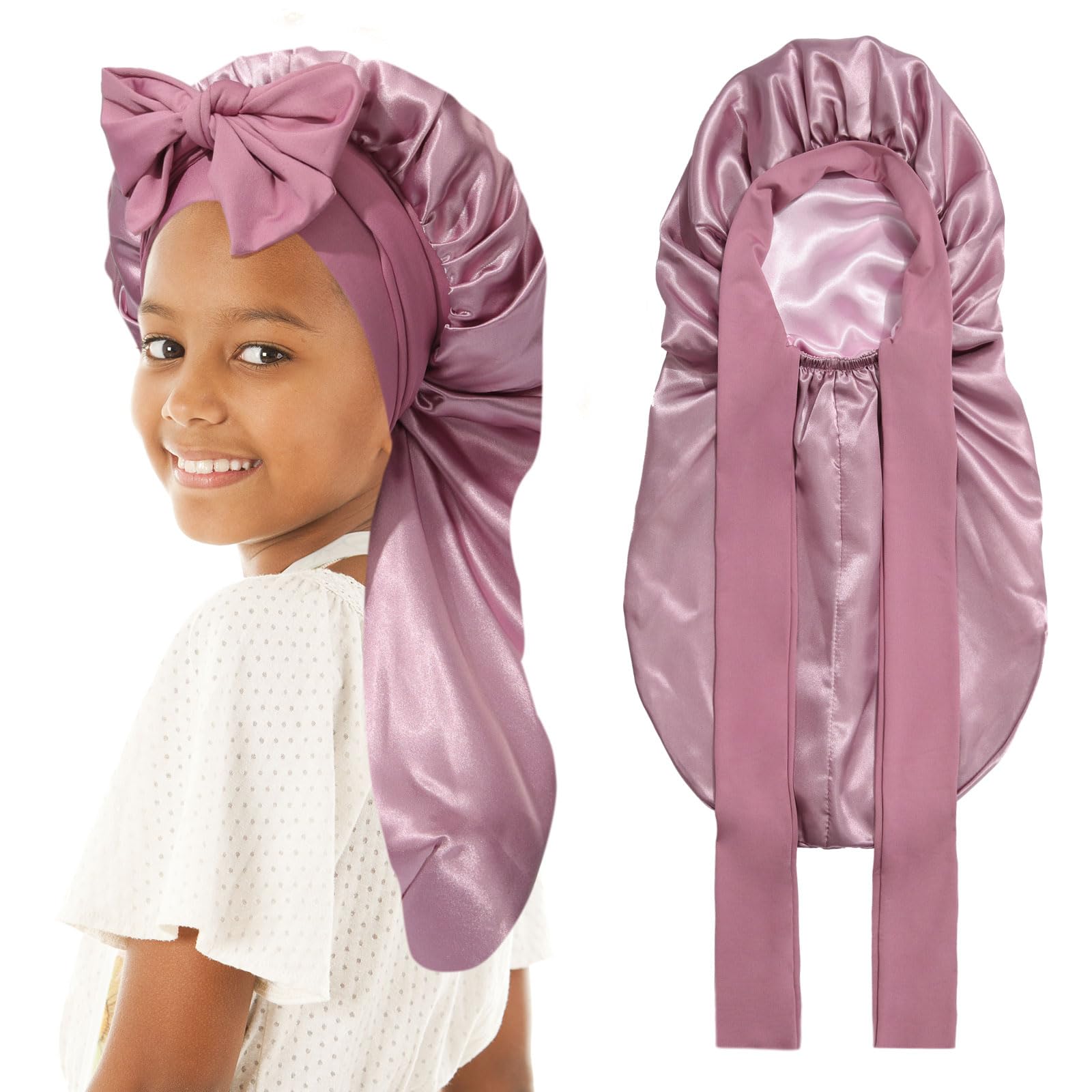 AWAYTR kids long hair bonnet in rose gold pink keeps hair smooth overnight