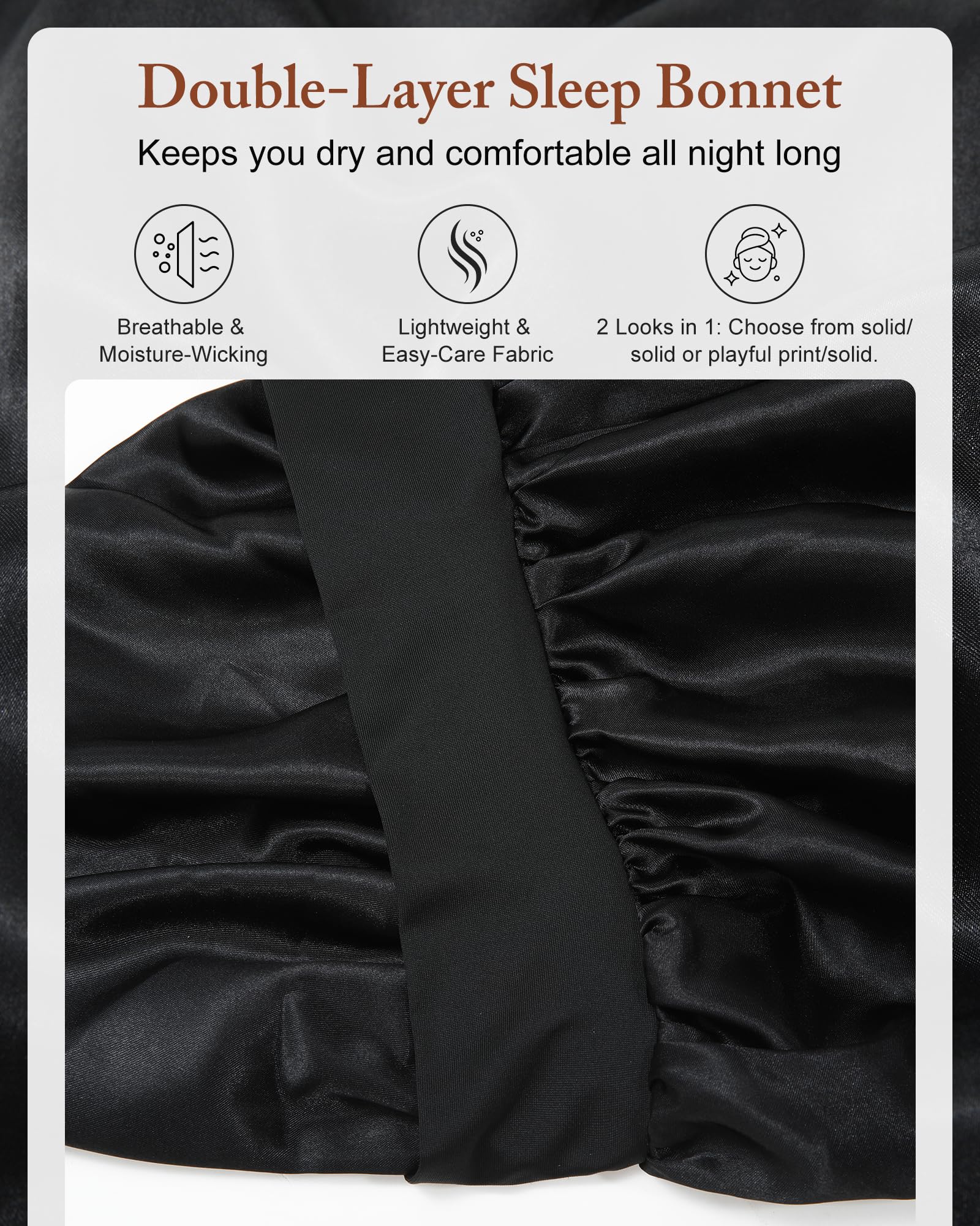 AWAYTR satin bonnet for long hair accommodates braids and curls overnight.