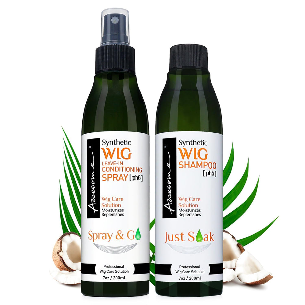 Awesome synthetic wig shampoo bottle showing gentle cleansing for wigs