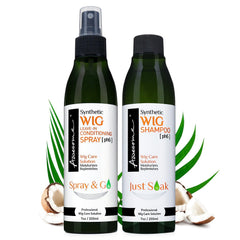 Awesome synthetic wig shampoo bottle showing gentle cleansing for wigs