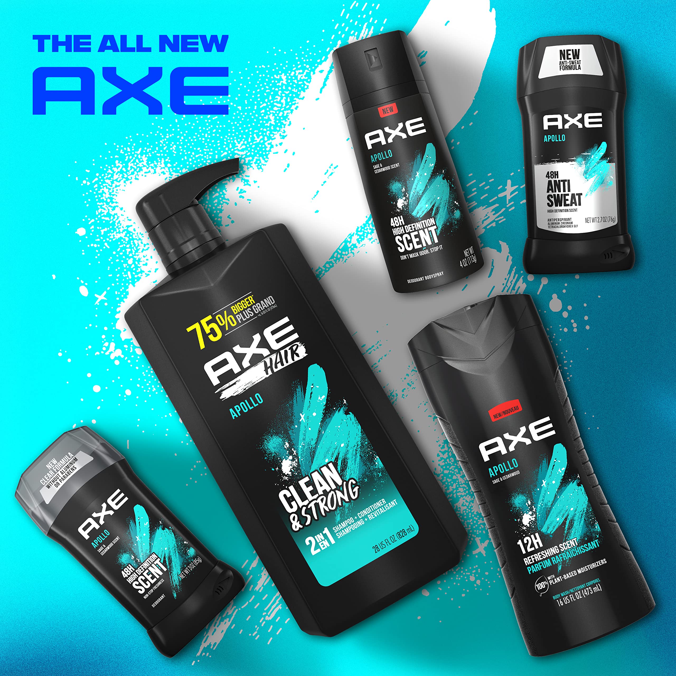 Retail store display of AXE Apollo 2-in-1 four-pack