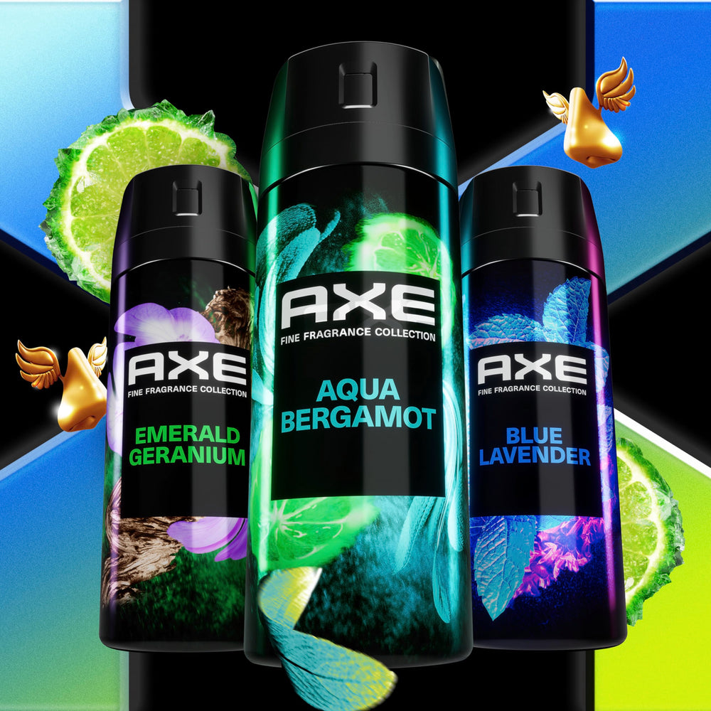 Bottled AXE Aqua Bergamot beside fragrance swatch for daily wear