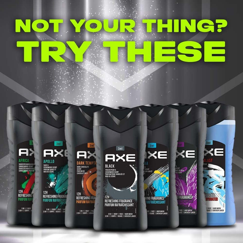 AXE Black bottle on shelf signals all-in-one cleansing for routine.