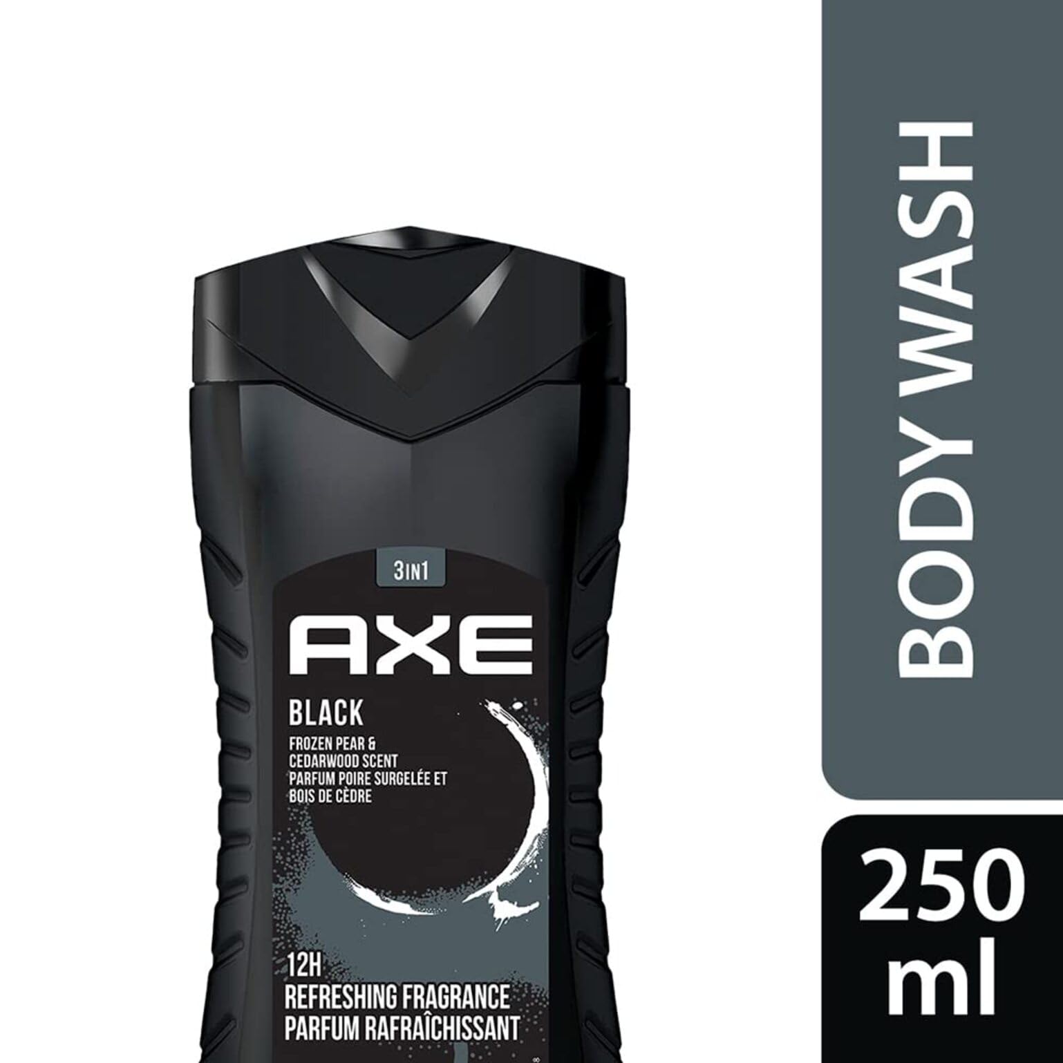 AXE Black bottle back label reveals Frozen Pear and Cedarwood notes for a fresh aroma.
