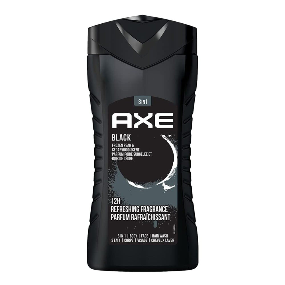AXE Black bottle front view highlights 3-in-1 convenience for daily grooming.