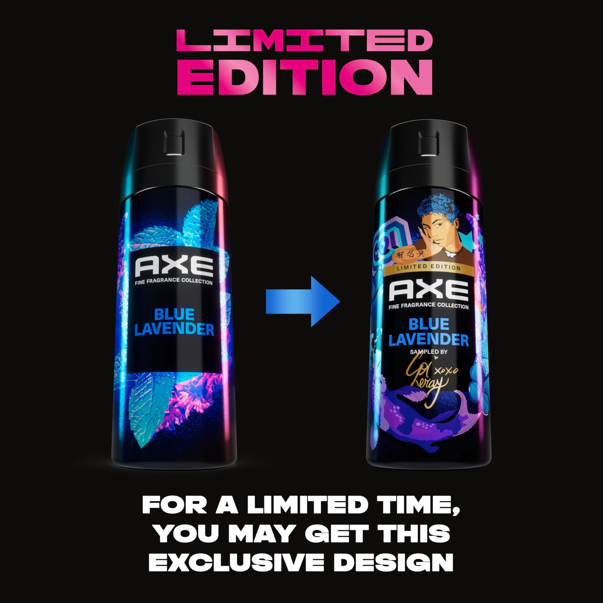 AXE Blue Lavender deodorant spray cap close-up highlighting aluminum-free formula.