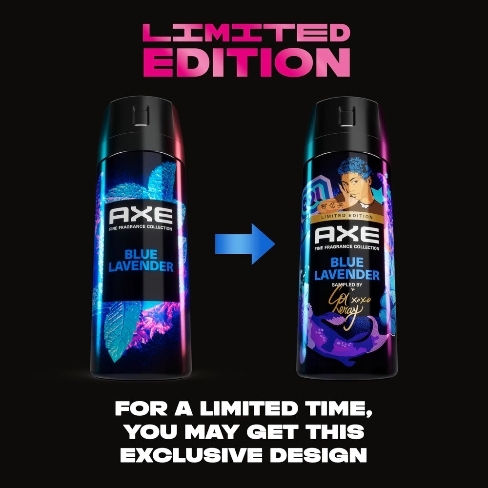 AXE Blue Lavender deodorant spray cap close-up highlighting aluminum-free formula.