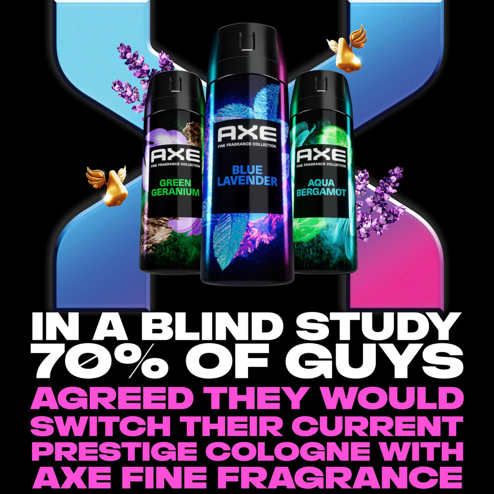 AXE Blue Lavender deodorant spray side view highlighting ergonomic bottle.