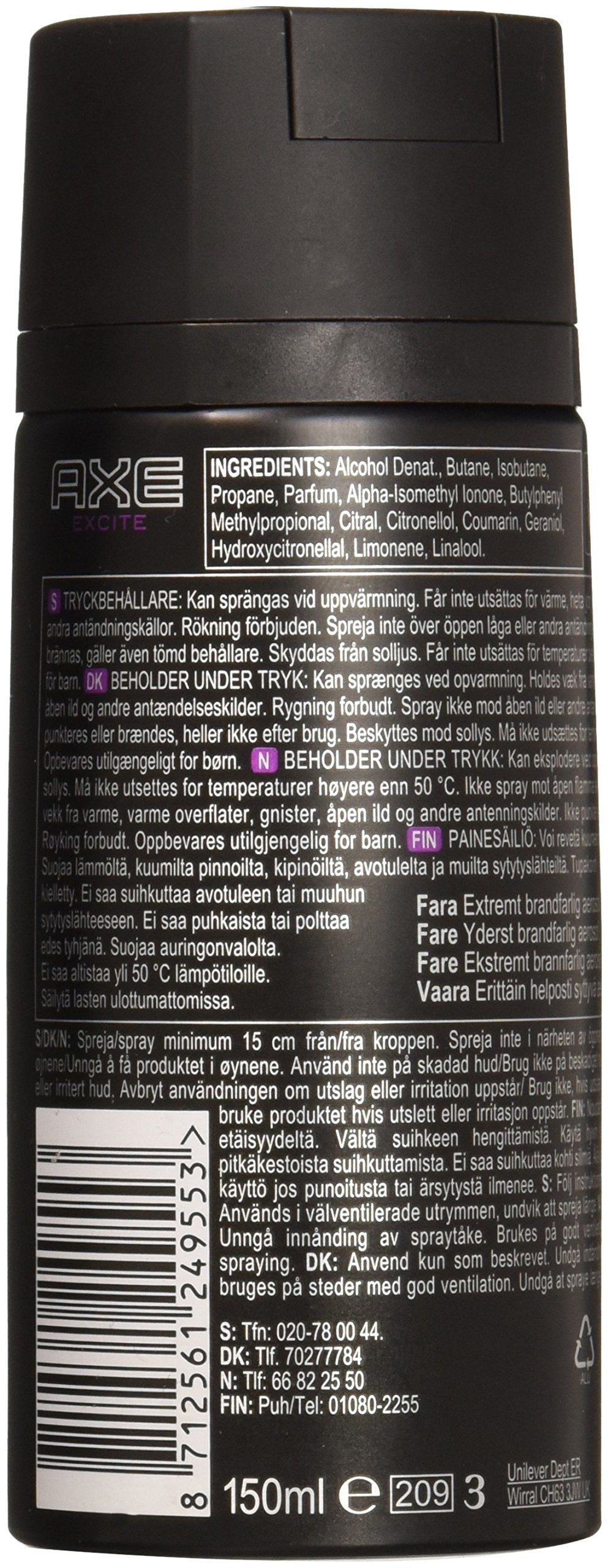 AXE Excite, botella de 150 ml, detalle de etiqueta y diseño moderno.