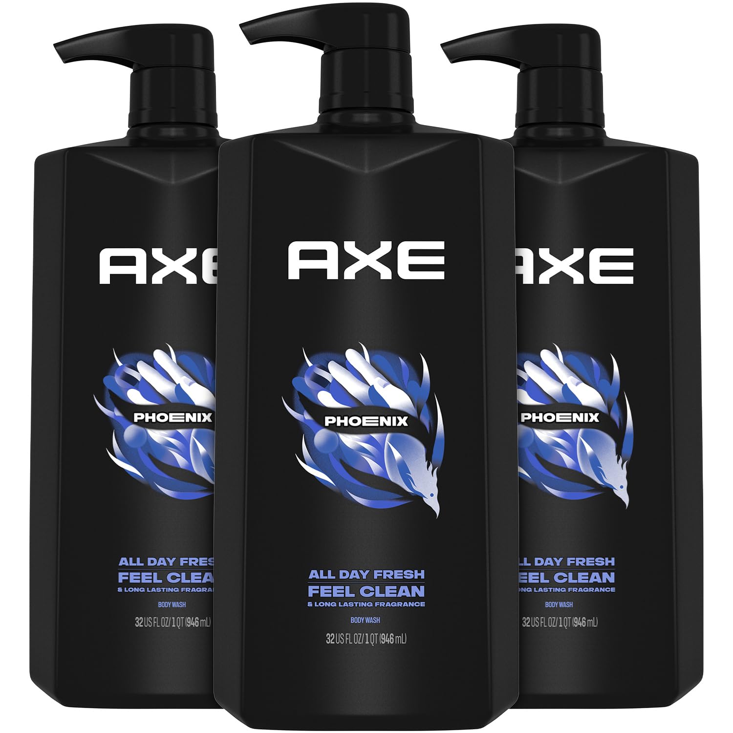 AXE Phoenix bottle-front in a three-pack, highlighting long-lasting freshness.