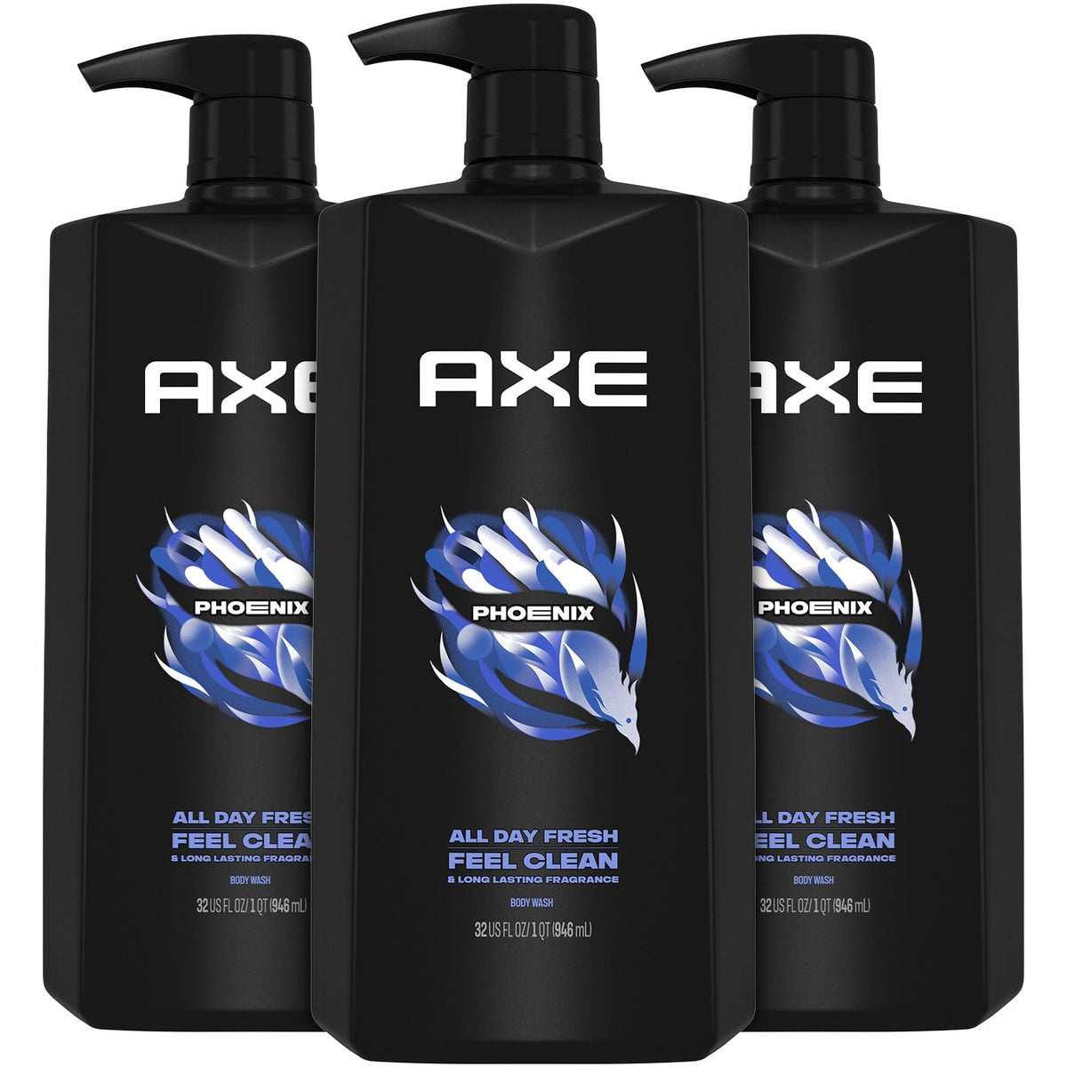 AXE Phoenix bottle-front in a three-pack, highlighting long-lasting freshness.