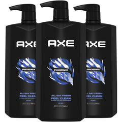 AXE Phoenix bottle-front in a three-pack, highlighting long-lasting freshness.