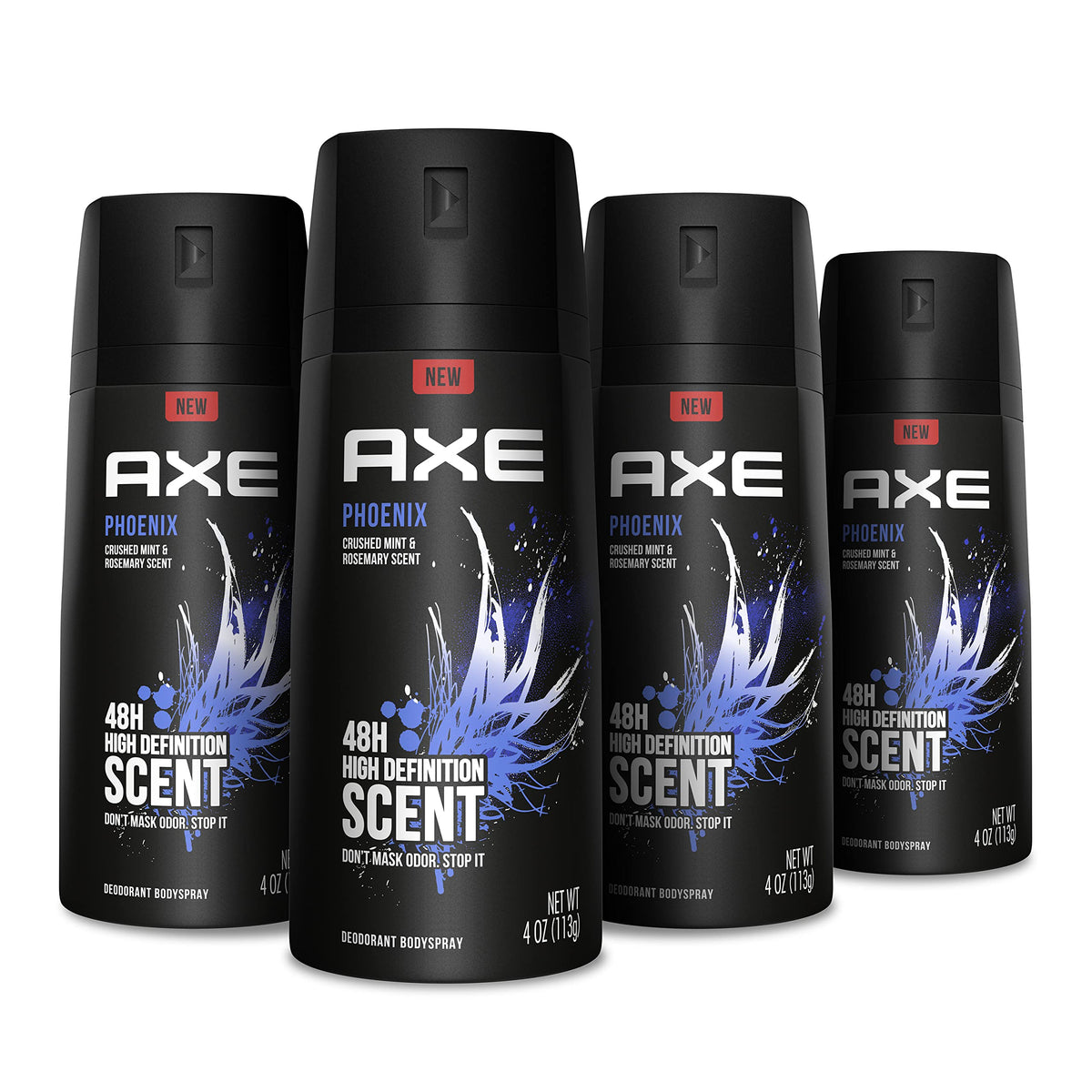 AXE Phoenix bottle front view shows aluminum-free formula and all-day freshness.