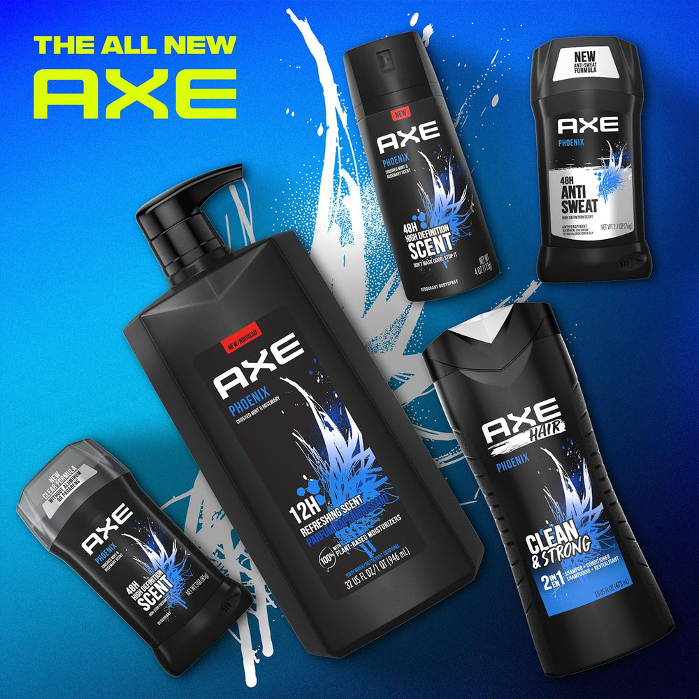 AXE Phoenix bottle with green accents under bathroom lighting.