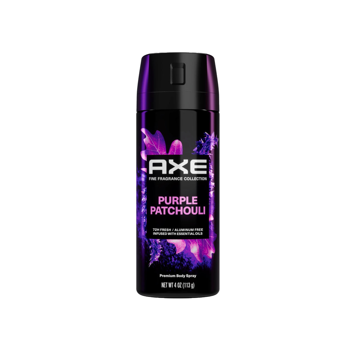 AXE Purple Patchouli bottle shows citrus and oak notes for everyday freshness.