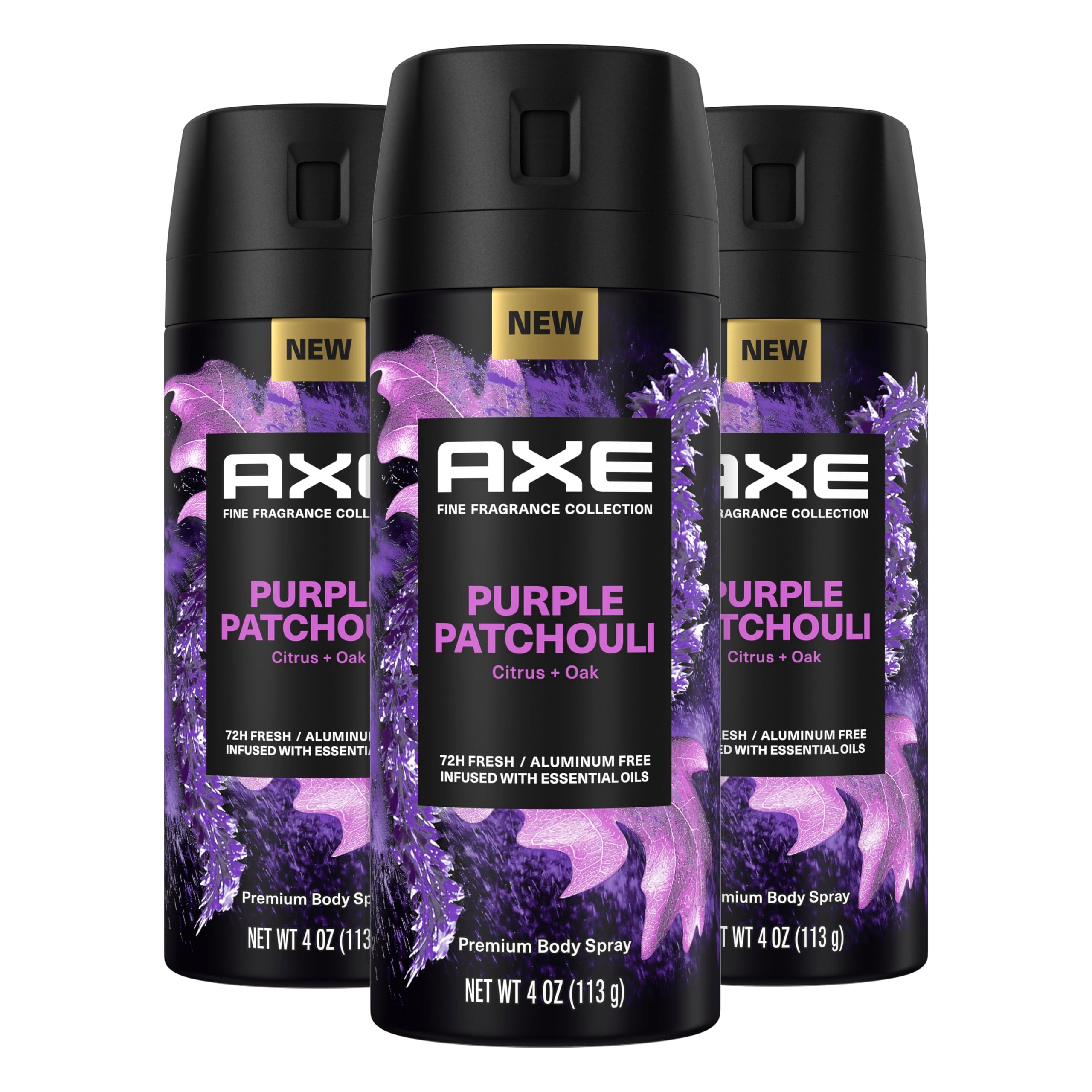 AXE Púrpura Patchouli: frasco elegante para aroma refinado todo el día.