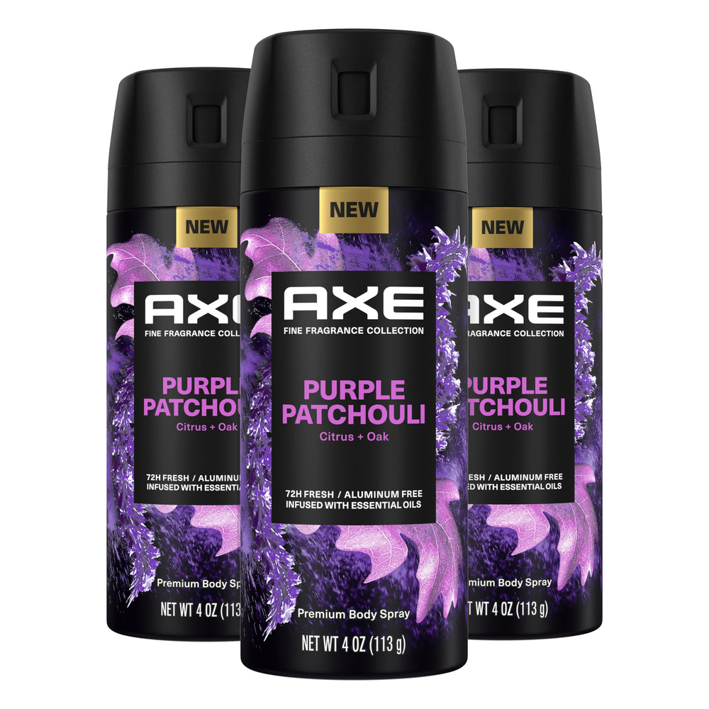 AXE Púrpura Patchouli: frasco elegante para aroma refinado todo el día.