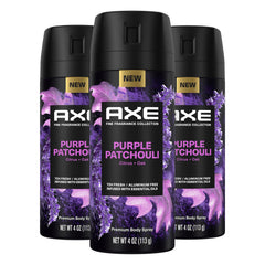 AXE Púrpura Patchouli: frasco elegante para aroma refinado todo el día.