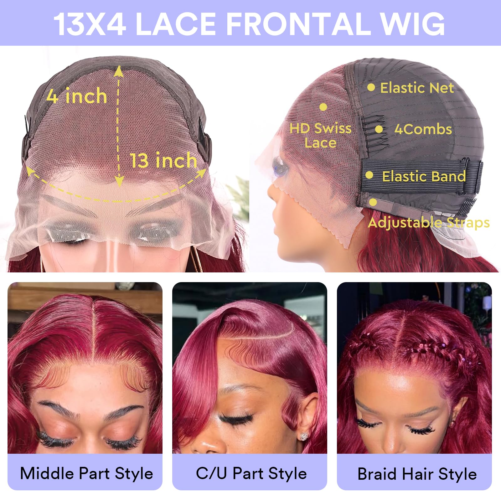 AYMMOLI 99J burgundy lace close-up highlights transparent lace and realistic hairline