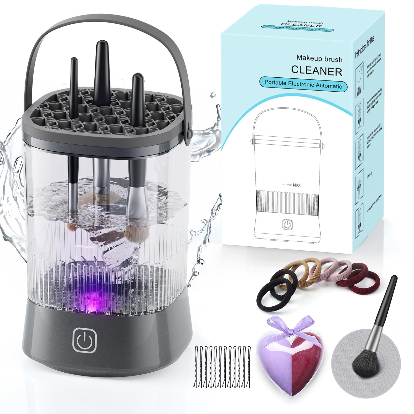 Azang electric makeup brush cleaner front view shows powerful 9000RPM action for fast cleaning.