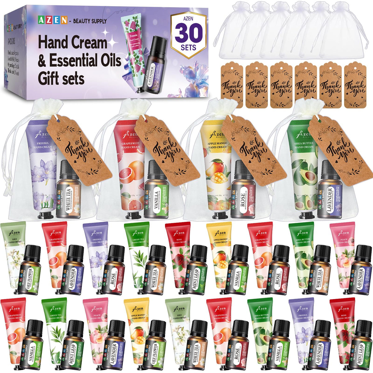 AZEN 30-set bulk gift with hand creams and oils, ideal for wholesale gifting at events.