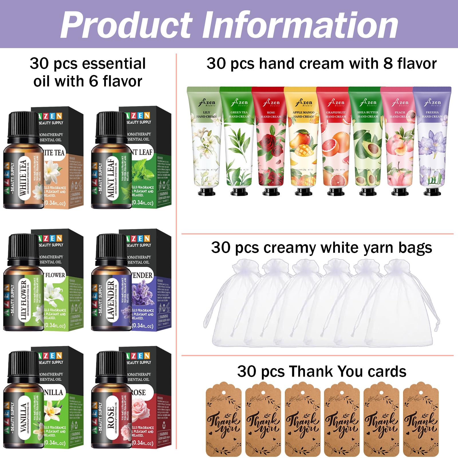AZEN essential oil bottles show six scents for diffuser use and homemade aromatherapy projects.