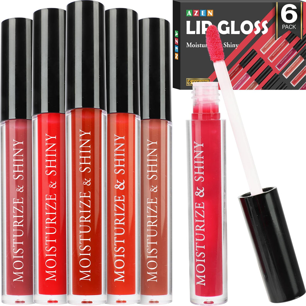 AZEN 6-pack lip gloss bulk set with varied colors for all-day shine and hydration.