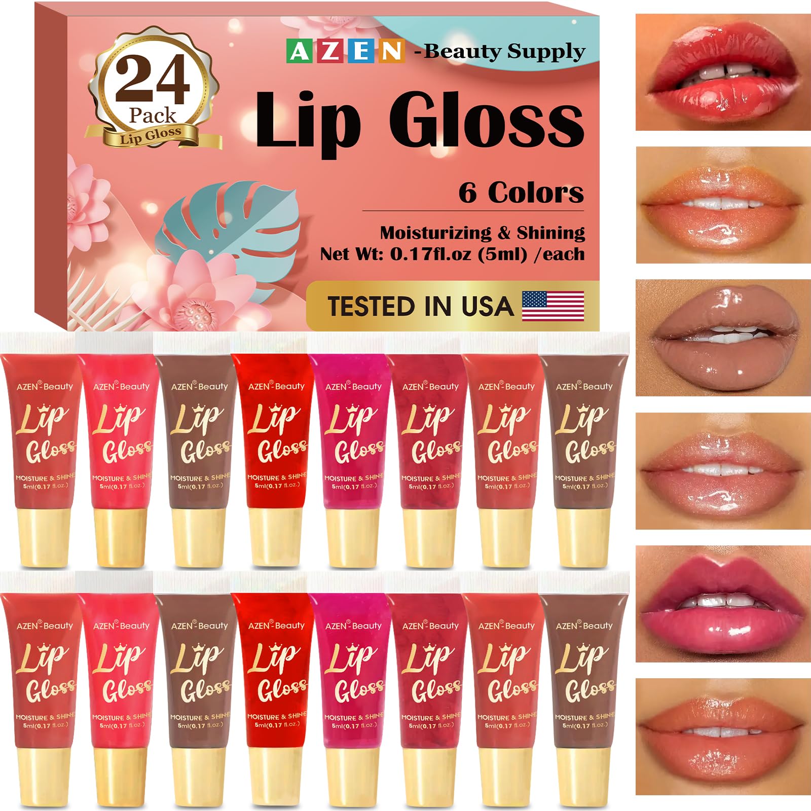 AZEN set de 24 brillos labiales expuestos para versatilidad de looks