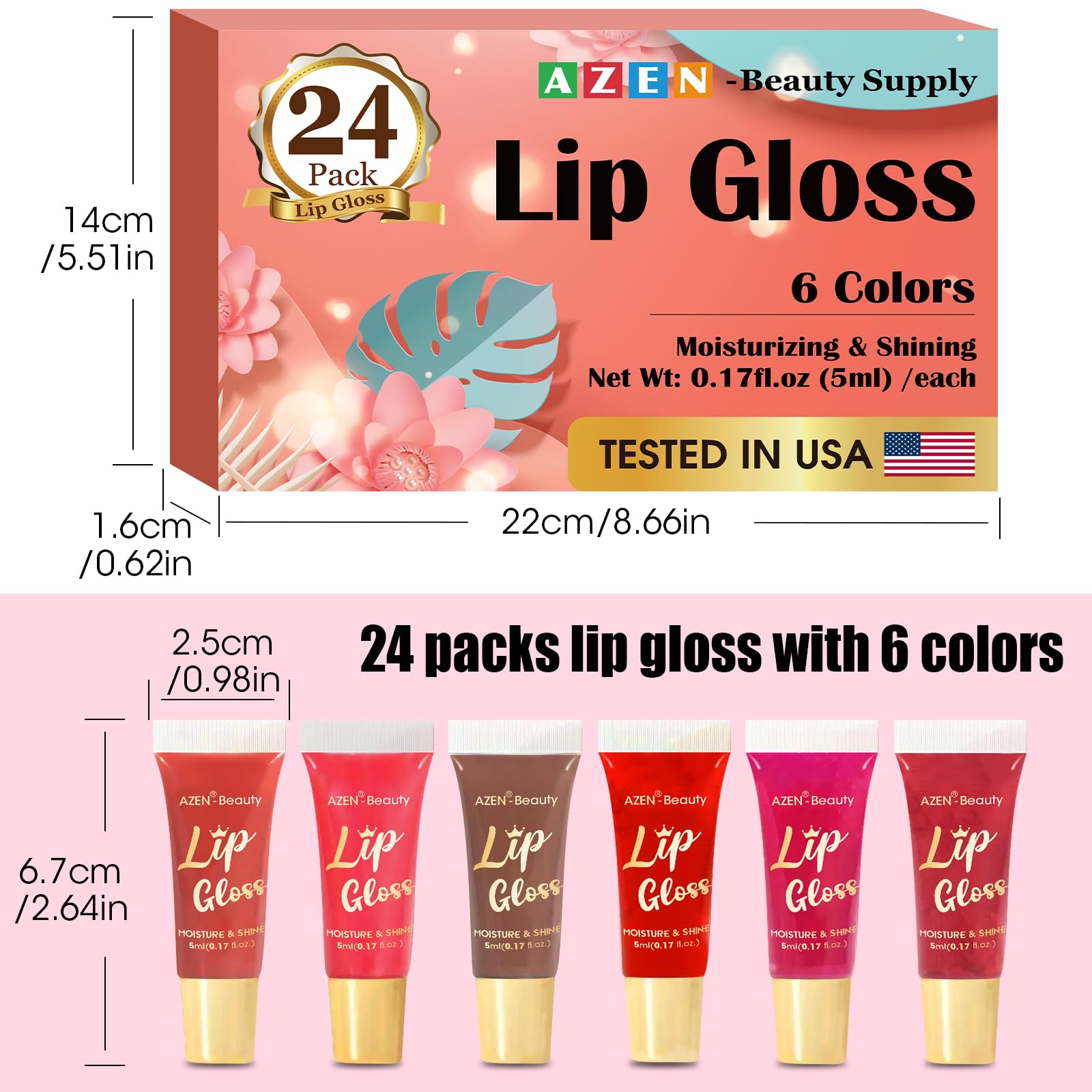 AZEN envase detallado del conjunto de brillos labiales