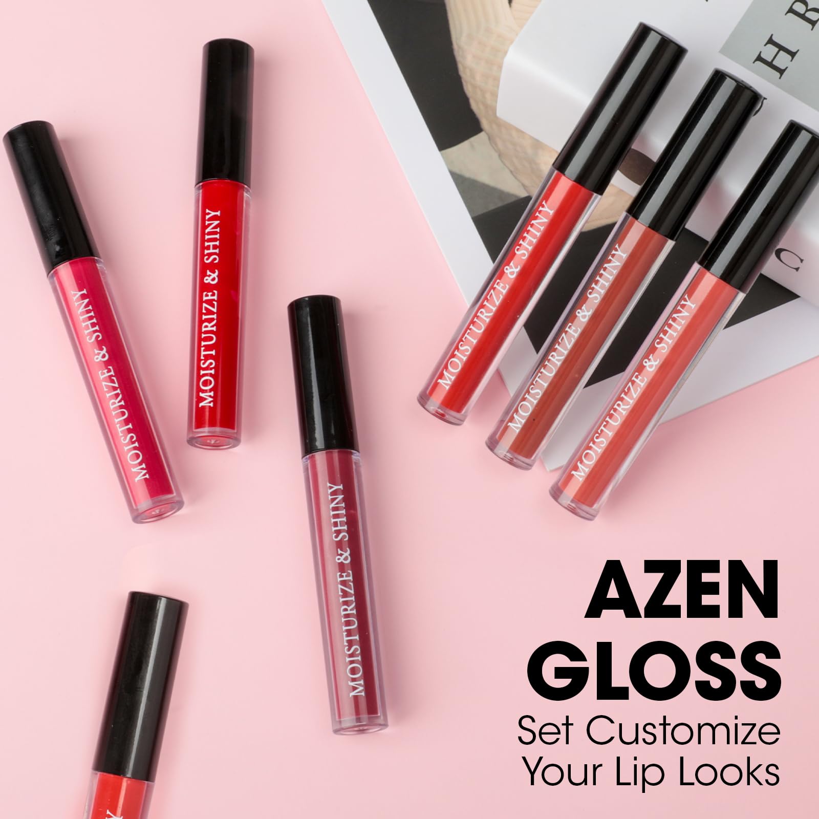 AZEN high shine lip gloss delivers lasting luster for daily wear.