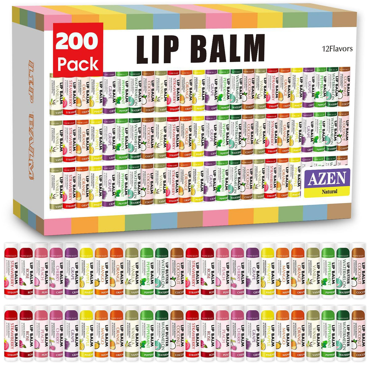 AZEN lip balm bulk pack with 200 tubes for long-lasting moisture and gifting