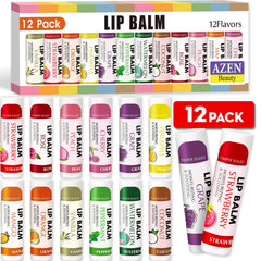 AZEN lip balm front pack showcasing 12 flavors for daily moisture.