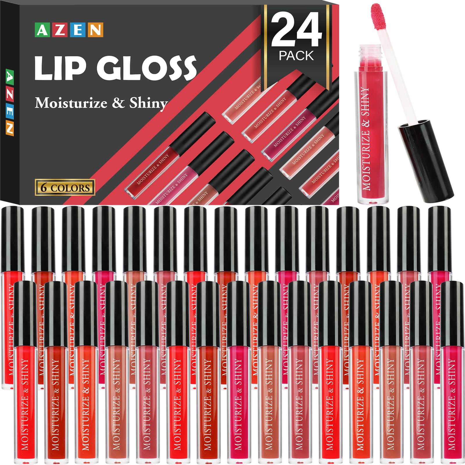 AZEN lip gloss bulk set with varied colors for a vibrant lip look.