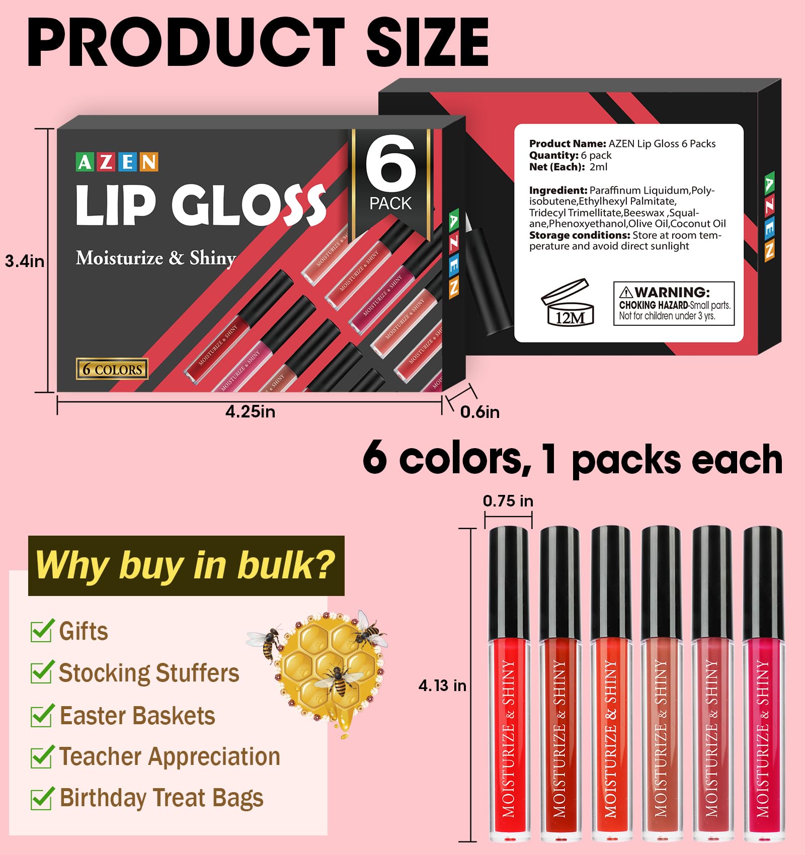 AZEN lip gloss packaging and display friendly for gifting and personal use.