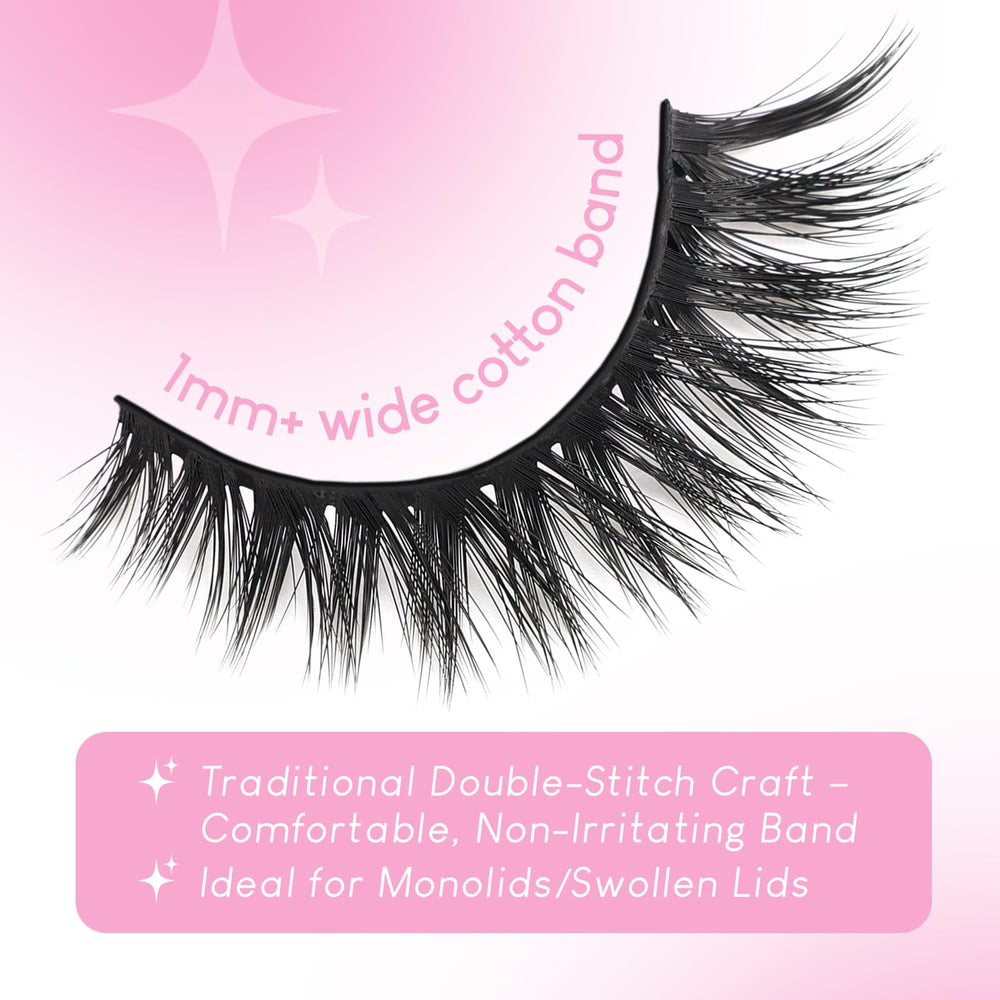 Azenlo 14mm cat-eye lashes with a 1mm cotton band for seamless liner look.
