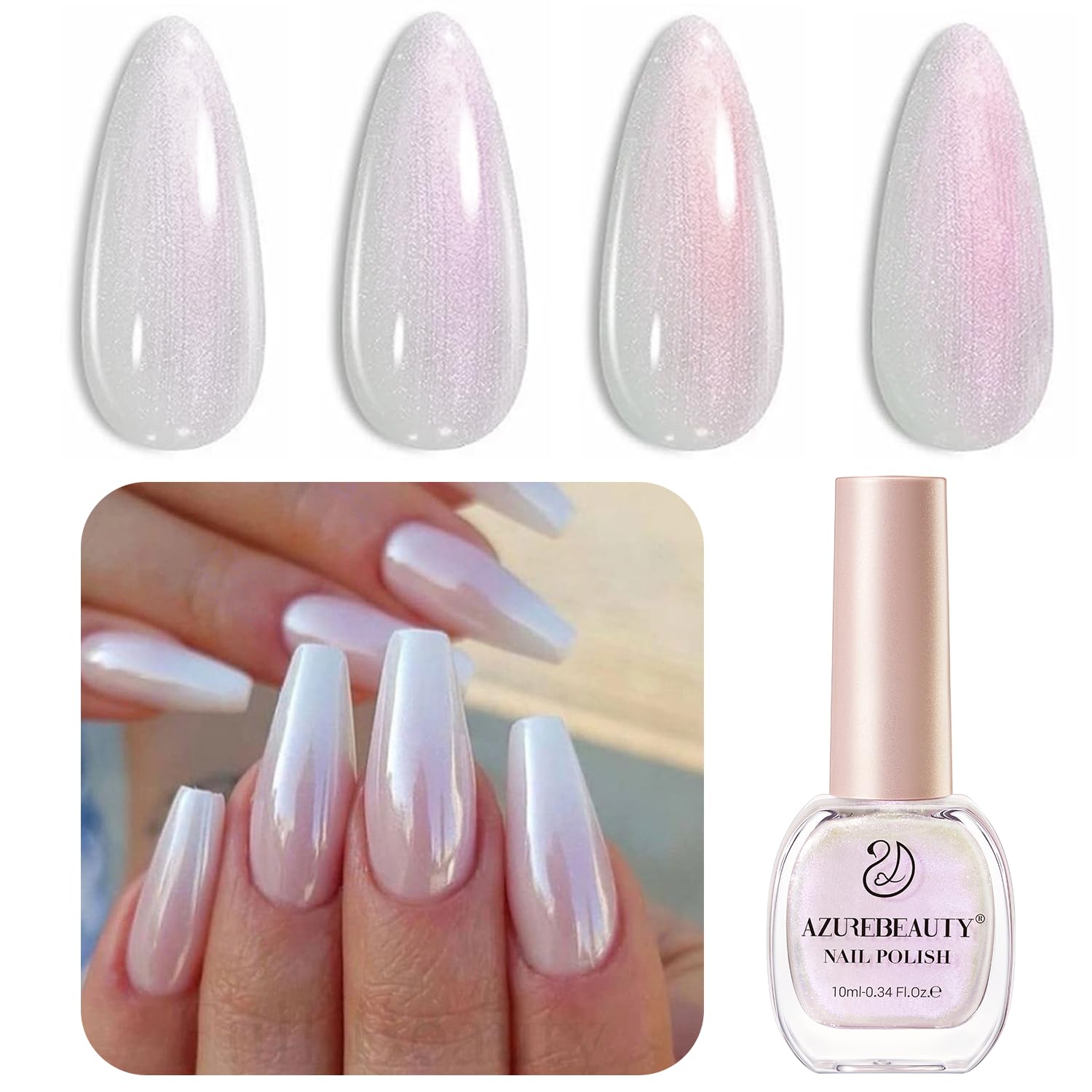 AzureBeauty chrome quick dry nail polish bottle shows a luminous pearl chrome finish for at-home nails.