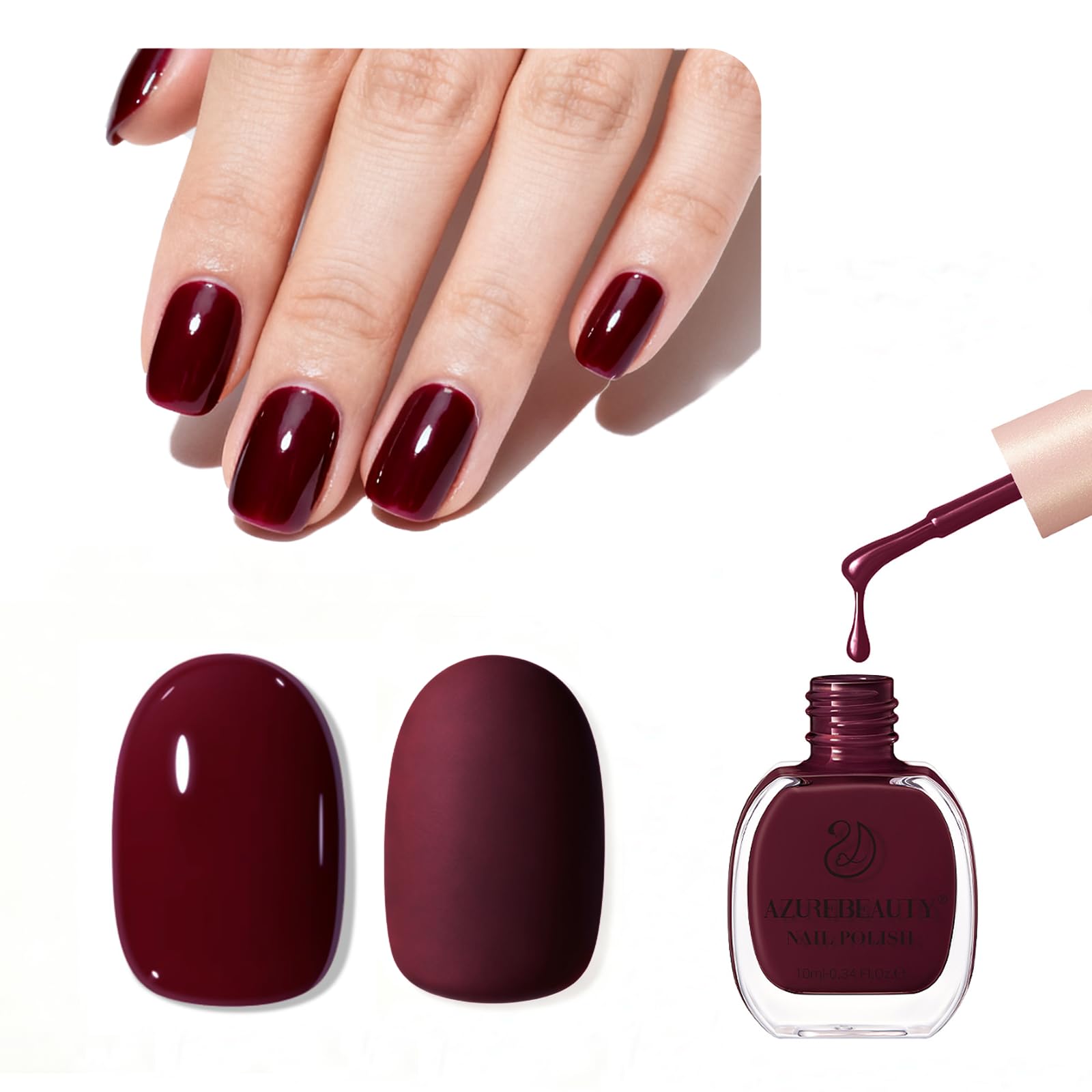 AzureBeauty Dark Red Nail Polish bottle close-up showing glossy finish for at‑home use.