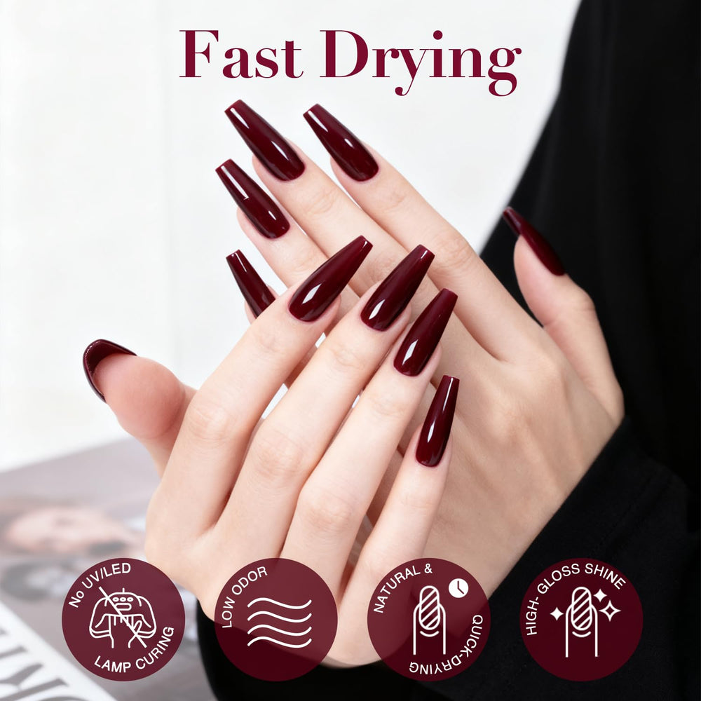 AzureBeauty Dark Red Nail Polish brush stroke on nail for smooth application.