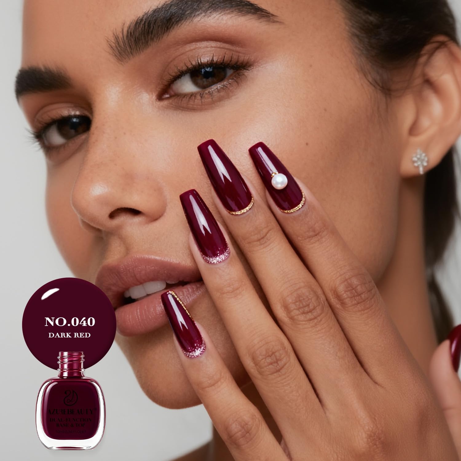 AzureBeauty Dark Red Nail Polish full application with even color coverage.