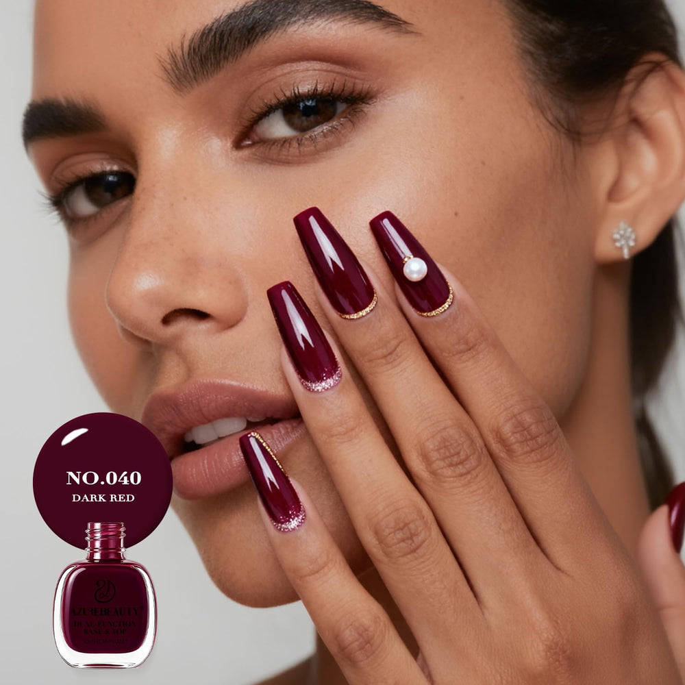 AzureBeauty Dark Red Nail Polish full application with even color coverage.