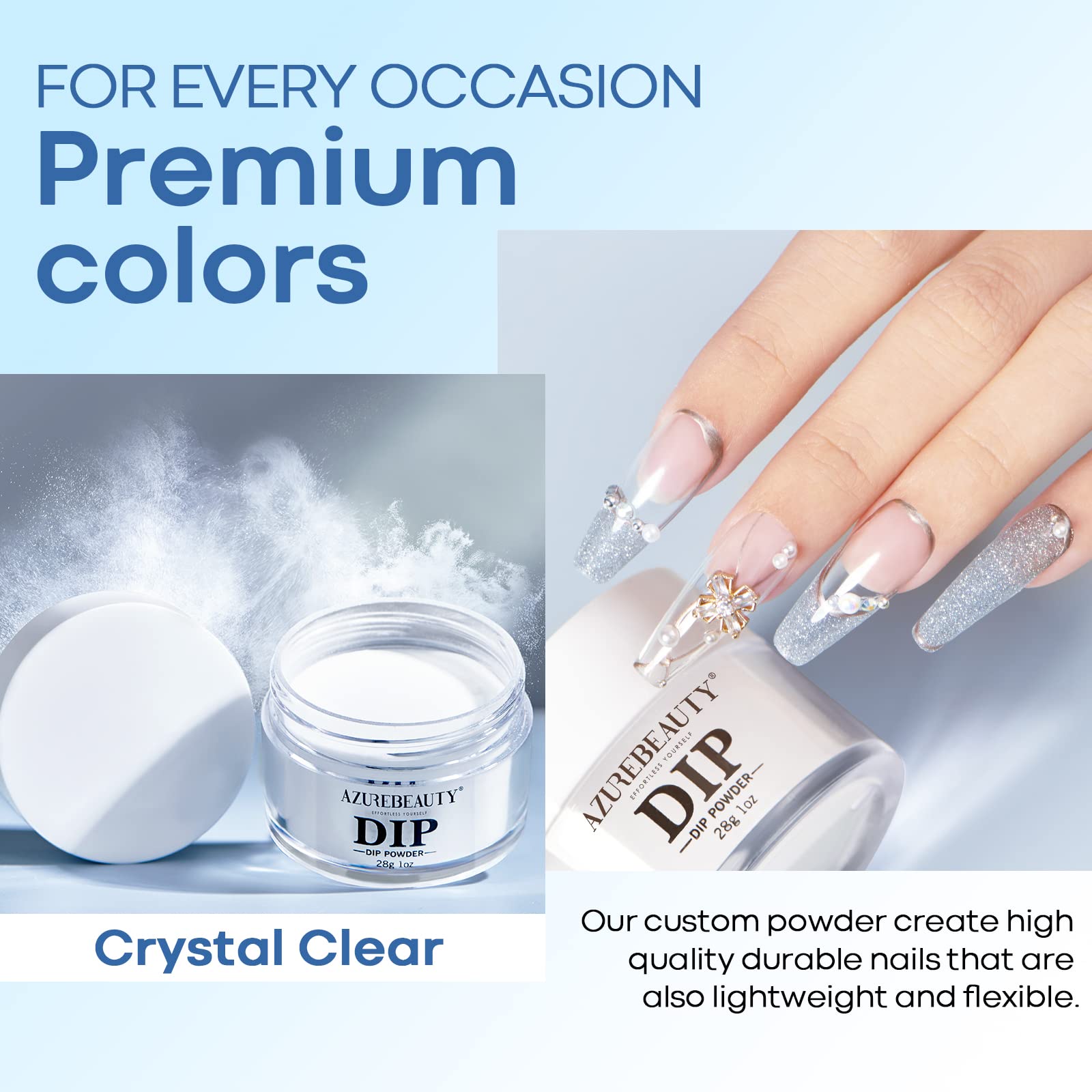AZUREBEAUTY dip powder application base illustrating seamless base-layer for radiant nails.