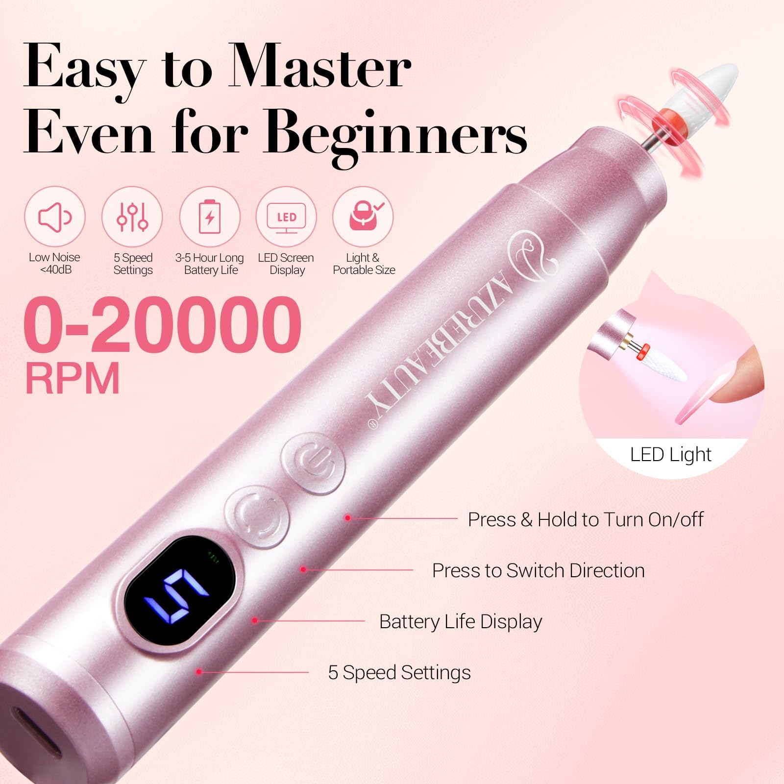 AzureBeauty portable electric nail drill with adjustable speeds