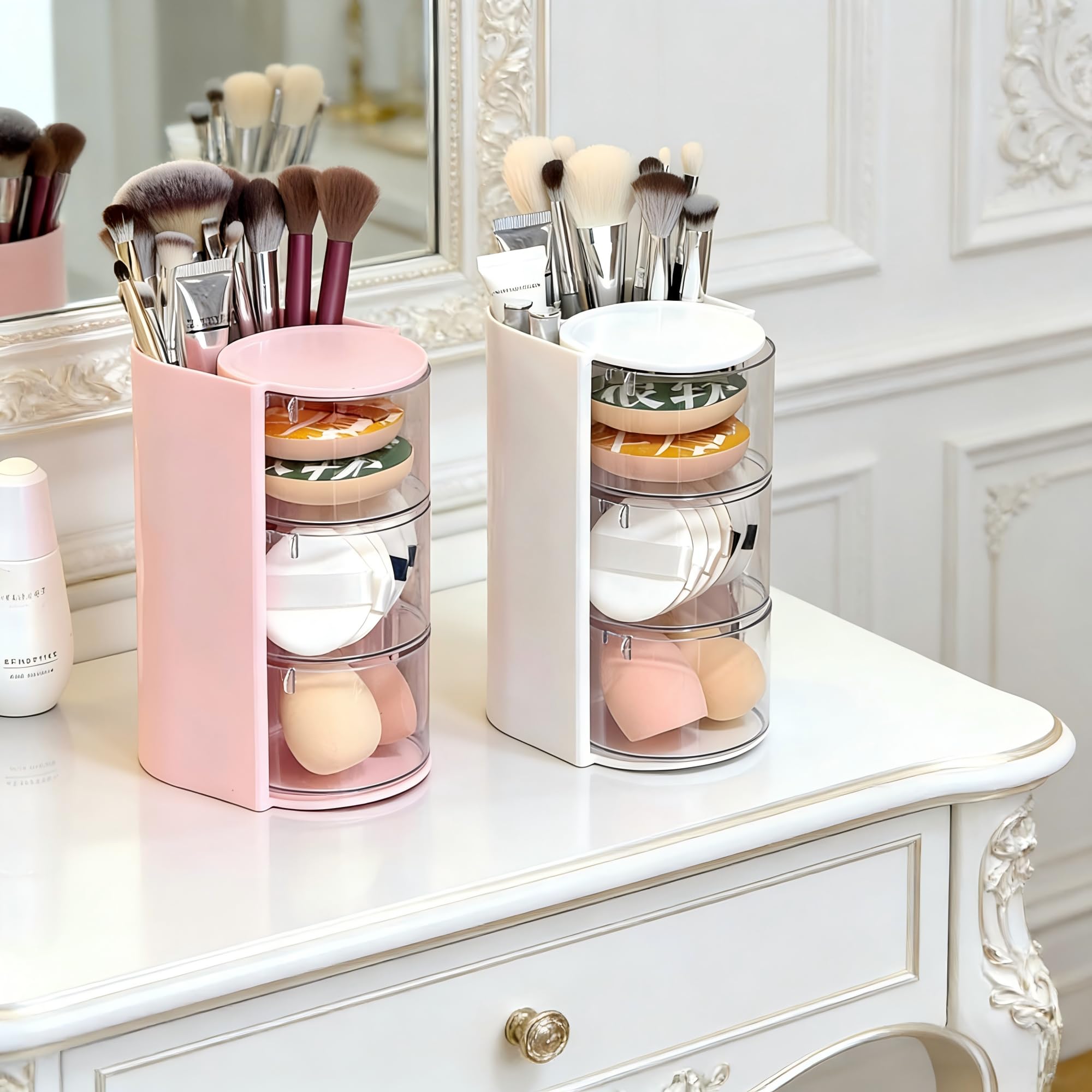 Azurphoric desk organizer for makeup and pens on a compact surface.