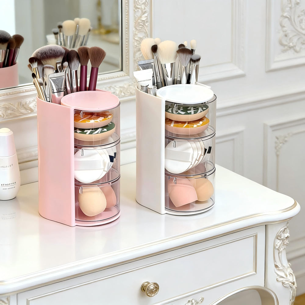 Azurphoric desk organizer for makeup and pens on a compact surface.